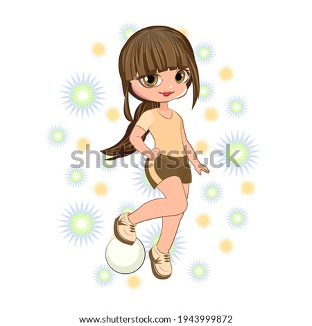Little girl in sports shorts and a T-shirt. Flirts. Handsome fashionable child. The isolated object on a white background. Vector illustration