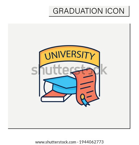 University graduation color icon. Successful training completion. Books and graduate hat. Diploma.Masters degree. Graduation concept.Isolated vector illustration