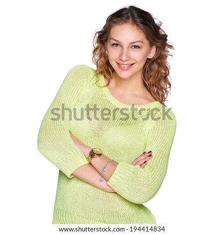 closeup portrait of young smiling woman isolated on white background