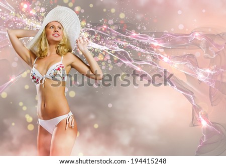 Young woman in white bikini against color background