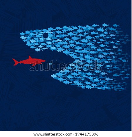 School of little blue fish join forces to attack red shark. Survival through working together to save democracy. Teamwork concept. Fight against voter suppression and corruption. Royalty-Free Stock Photo #1944175396