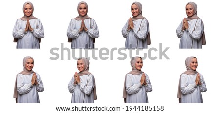 Beautiful hijab woman posing greeting hand gesture with different poses.