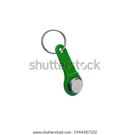 House door lock magnetic key on ring on white background isolated close up, single plastic electronic intercom key, one key on keyring, home safety concept, design element