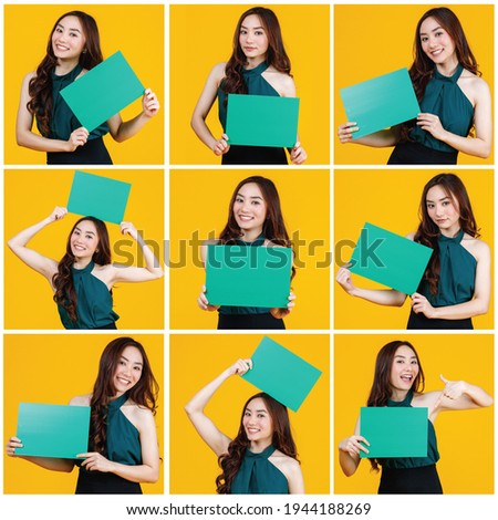 Collage set photos of cute and charming Asian female holding green blank board pose to camera with a joyful gesture for advertising use purpose in various positive actions on yellow background.