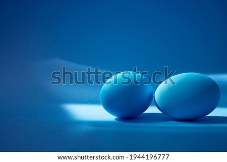 Two chicken Easter eggs on a paper background with hard shadows toned in blue. Conceptual Easter.