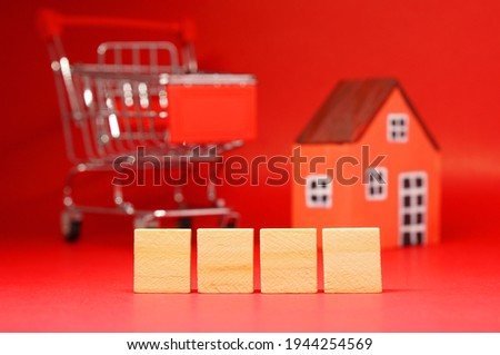 Template word 4 characters with blurred House shopping card  mock up on red background - red promotion shopping property sale advertising concept