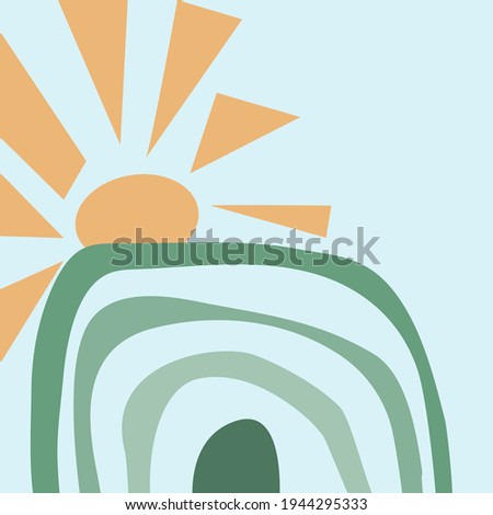 Template with rainbow and sun in boho style. Minimalistic abstract Scandinavian design in pastel colors. Vector illustration for greeting cards, invitations, clothes printing.