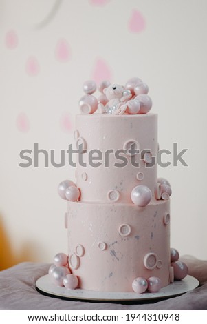 Children's birthday cake. Sweet beautiful cake and other sweets for a child's birthday. Birthday cake.  
