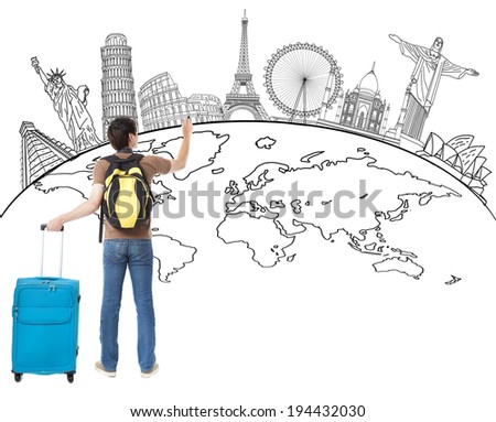 young man  drawing global map and famous landmark 