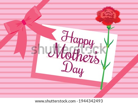 "Happy Mother's Day" Label and Pink Ribbon Bow Gift Wrap Design Greeting Card with Carnation