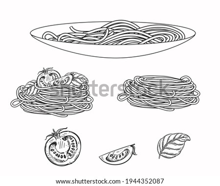 Hand drawn sketch black and white of pasta, spaghetti, tomato, basil. Vector illustration. Elements in graphic style label, sticker, menu, package. Engraved style illustration Royalty-Free Stock Photo #1944352087
