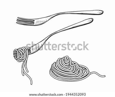 Hand drawn sketch black and white of pasta, spaghetti, fork. Vector illustration. Elements in graphic style label, sticker, menu, package. Engraved style illustration. Royalty-Free Stock Photo #1944352093