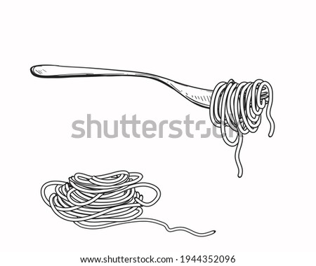 Hand drawn sketch black and white of pasta, spaghetti, fork. Vector illustration. Elements in graphic style label, sticker, menu, package. Engraved style illustration. Royalty-Free Stock Photo #1944352096