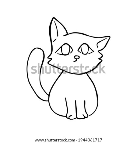 Black line a cat sitting with white silhouette. Hand drawn cartoon style. Doodle for coloring, decoration or any design. Vector illustration of kid art.
