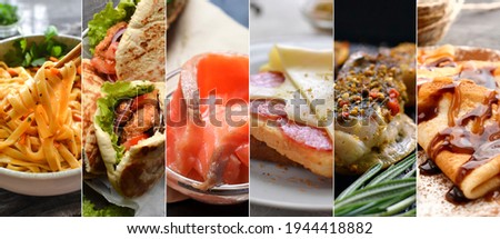 Varied food. Delicious lunch assortment. Meat, fish, vegetable dishes. Food collage.