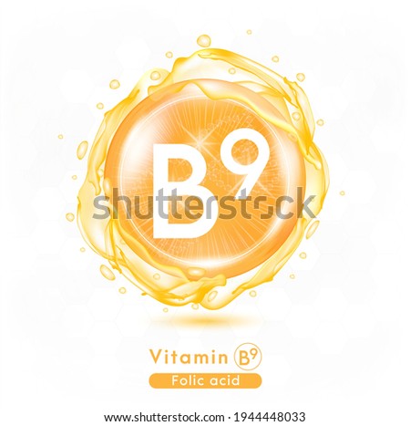 Vitamin B9, Orange shining pill capsule. Vitamin complex with Chemical formula.  Meds for health ads. Beauty treatment nutrition skin care design. Vector illustration. Royalty-Free Stock Photo #1944448033