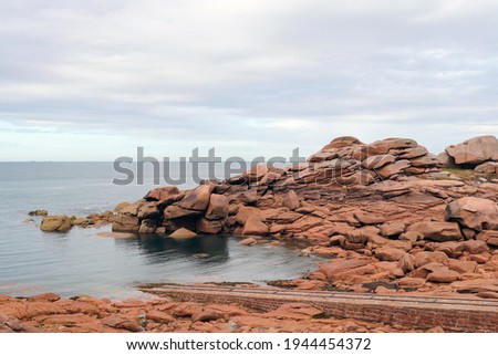 Pink granite coast near Ploumanach - boulders on the Cote de Granit Rose - Pink Granite Coast - great natural site of Ploumanach, Ploumanach, department Cotes-d'Armor, Brittany, France
