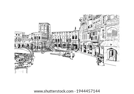 Building view with landmark of Doha is the 
capital of Qatar. Hand drawn sketch illustration in vector.