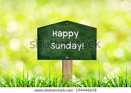 Green sign board with natural background and message Happy Sunday