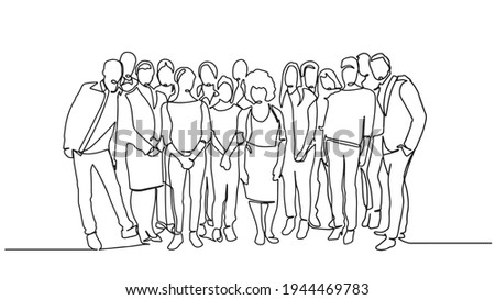 Group of people continuous one line vector drawing. Family, friends hand drawn characters. Crowd standing at concert, meeting. Women and men waiting in queue. Minimalistic contour illustration