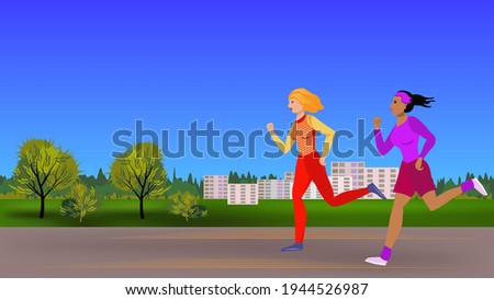 Sportswomen in tracksuits run in nature against the backdrop of houses and trees. Fitness training. Vector illustration with copy space.