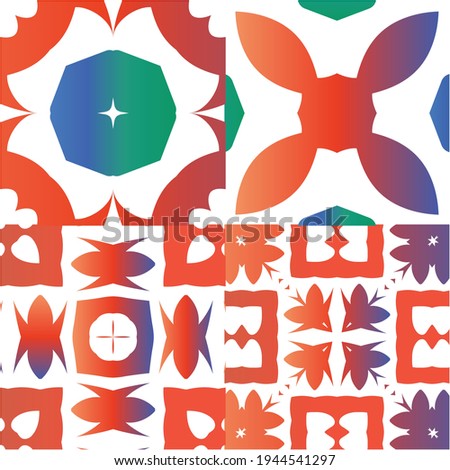 Decorative color ceramic talavera tiles. Collection of vector seamless patterns. Creative design. Red folk ethnic ornaments for print, web background, surface texture, towels, pillows, wallpaper.