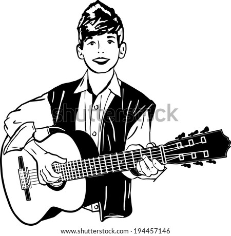 black and white vector sketch of a boy playing a guitar 
