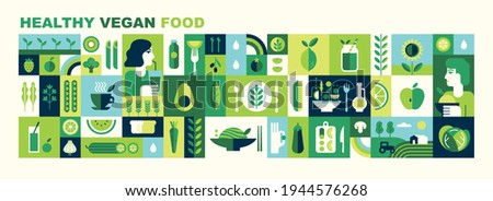 Healthy organic vegan food. Cooking dietary dishes. Vegetarian cafe. Set of icons in flat geometric style. Abstract signs. Vegetables, fruits, green tea, smoothies and salads. Vector illustration.  Royalty-Free Stock Photo #1944576268