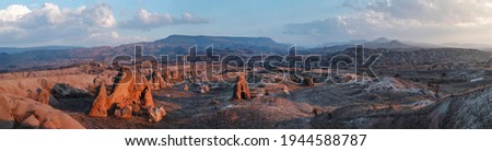 Panorama of the Sarica complex of churches. Ruins of a Byzantine with eroded walls sandstone. Cappadocia, Turkey