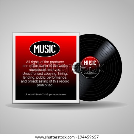 Old, black and red musical record, LP, with cover. eps10 vector art image illustration. isolated on white background. Vinyl long play record in a paper case, retro design with text note and detail. 