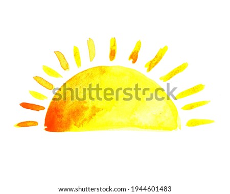 Hand drawn watercolor sun . Yellow and orange sun. Sunny day.