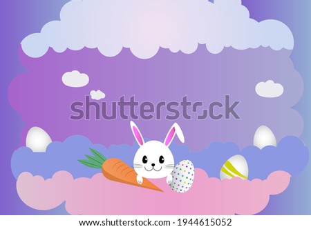 Happy Easter paper cut, a bunny in the clouds. Collage of Happy Easter greetings. Easter bunny in the clouds with carrots and eggs