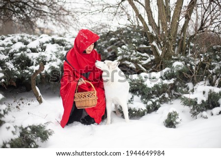 Red Riding Hood scenery. A woman in red clothes and a dog sit together in a snowy forest pretending to be heroes of a traditional fairy tail for kids. Isolated red on white snow background.
