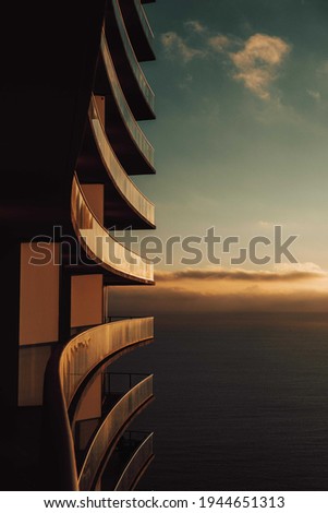 Symmetrical view of a building at sunset