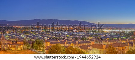 Panorama of Brightly Lit San Jose Suburbs with Fading Sunlight at Twilight
