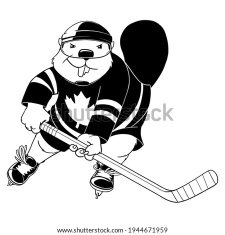 An black and white drawing of an anthropomorphic beaver playing hockey.  He has a maple leaf on his jersey.  