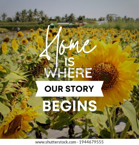 Home is where our story begin. Quote on sunflowers garden background.