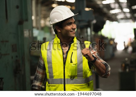 Man factory asian technician maintance worker. inspector man in factory industry safety service workshop solution. teamwork engineer expertise innovate.