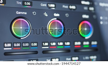 Color grading monitor. RGB colour correction indicator graph on screen in post production process. Telecine stage in video or film production processing. for colorist edit or adjust on digital movie.