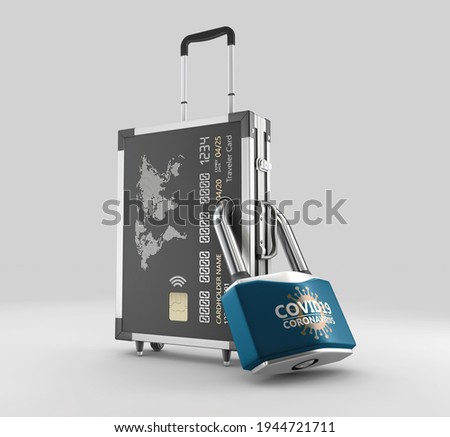 3d Rendering of Credit Card Suitcase closed with covid lock, include clipping path