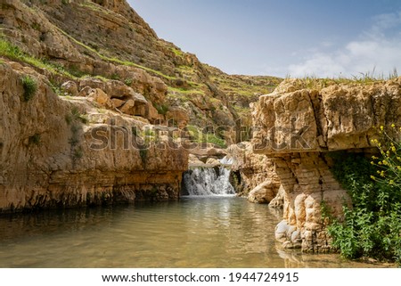 Water in the Prat brook, on the edge of the Judea desert, Israel, at spring time. Royalty-Free Stock Photo #1944724915