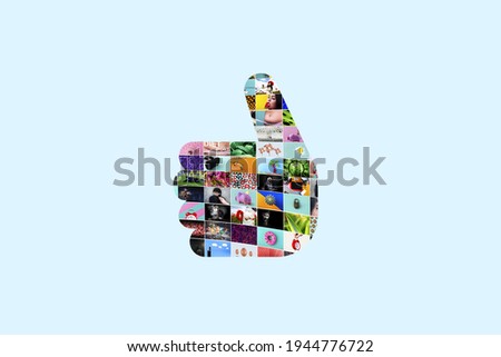 thumb up symbol, collage of colorful stock photos, social media concept