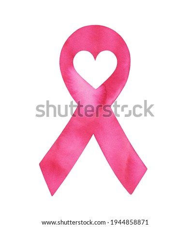 Watercolor of pink ribbon shape with heart, International symbol of breast cancer awareness. Handdrawn water color painting, cut out clip art element for design decoration, sticker, poster, template.