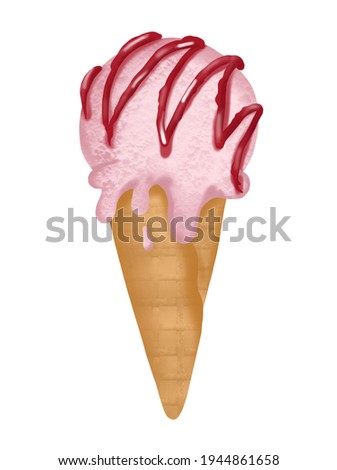 pink ice cream with strawberry jam in a waffle cone on a white background
