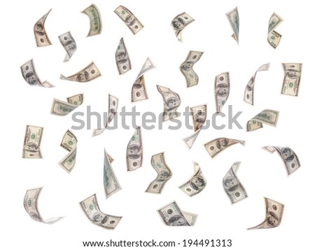 Flying dollars banknotes isolated on white