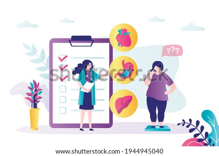 Doctor recommends limiting consumption of sweets to patient. Nutritionist offers girl diet. Various confectionery products prohibited. Concept of treatment and obesity problems. Vector illustration
