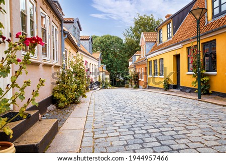 Quiet side street in city Odense, Denmark with the typical hollyhock plants growing along the house facedes Royalty-Free Stock Photo #1944957466