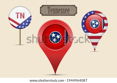 Tennessee US state round flag. Map pin, red map marker, location pointer. Hanging wood sign in vintage style. Vector illustration. American stars and stripes flag. Two-letter state abbreviation.