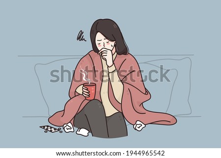 Cold ,flu, Severe Cough concept. Young sick unhappy woman cartoon character sitting on sofa ay home with cup of hot drink coughing and feeling sick vector illustration  Royalty-Free Stock Photo #1944965542