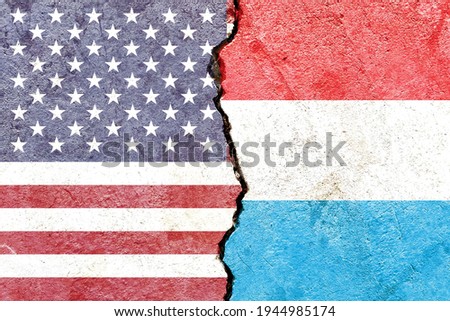 Grunge USA VS Luxembourg national flags icon pattern isolated on broken cracked wall background, abstract international political relationship partnership divided conflicts concept texture wallpaper